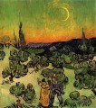 Landschaft mit Paar Walking und Crescent Moon Vincent van Gogh